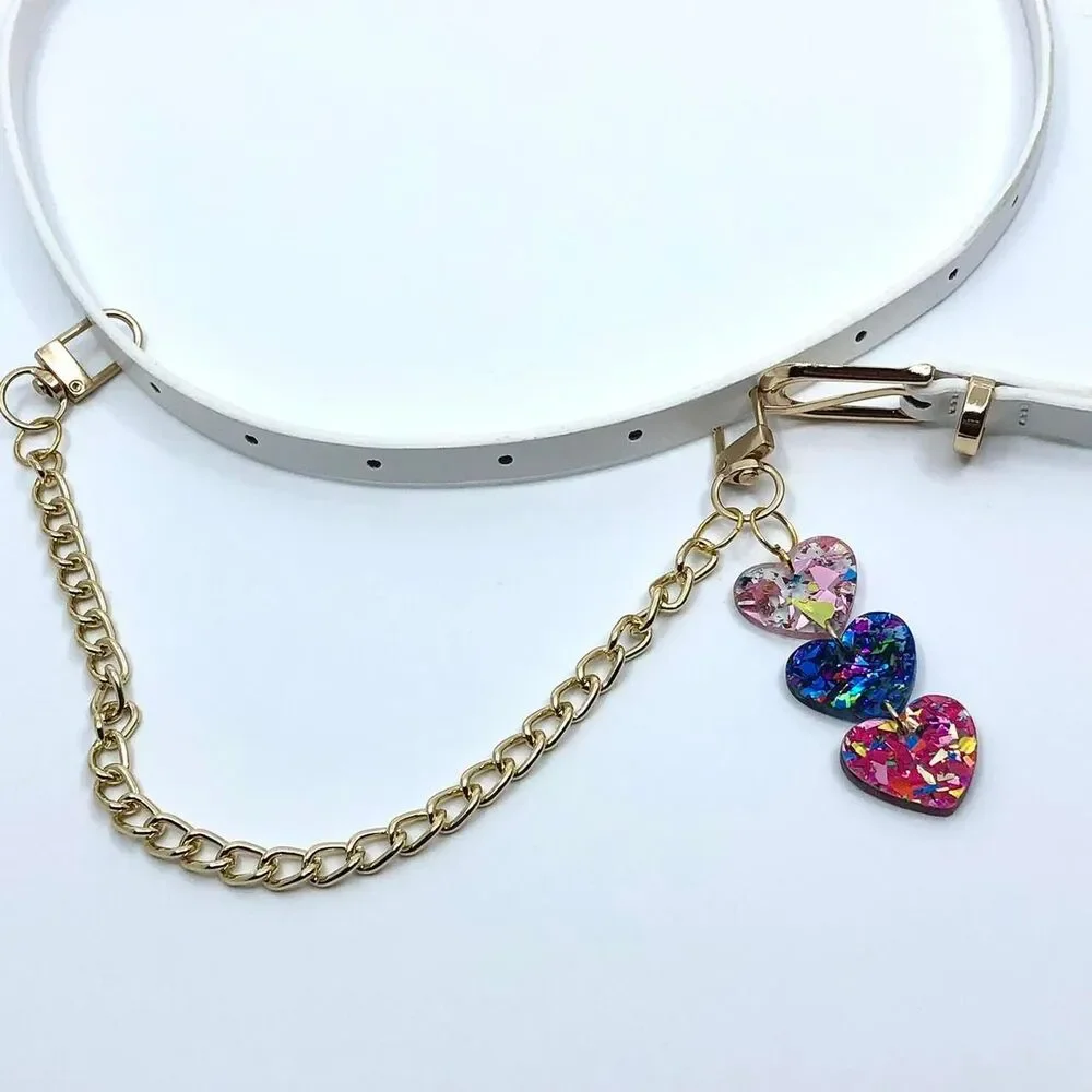 White Y2K Glitter Heart Charm Coquette Chain Belt, Fits 33-35 Inches, X7GA1240